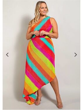 Bright Multi-Stripe One-Shoulder Asymmetric Dress - Neon Colorblock
